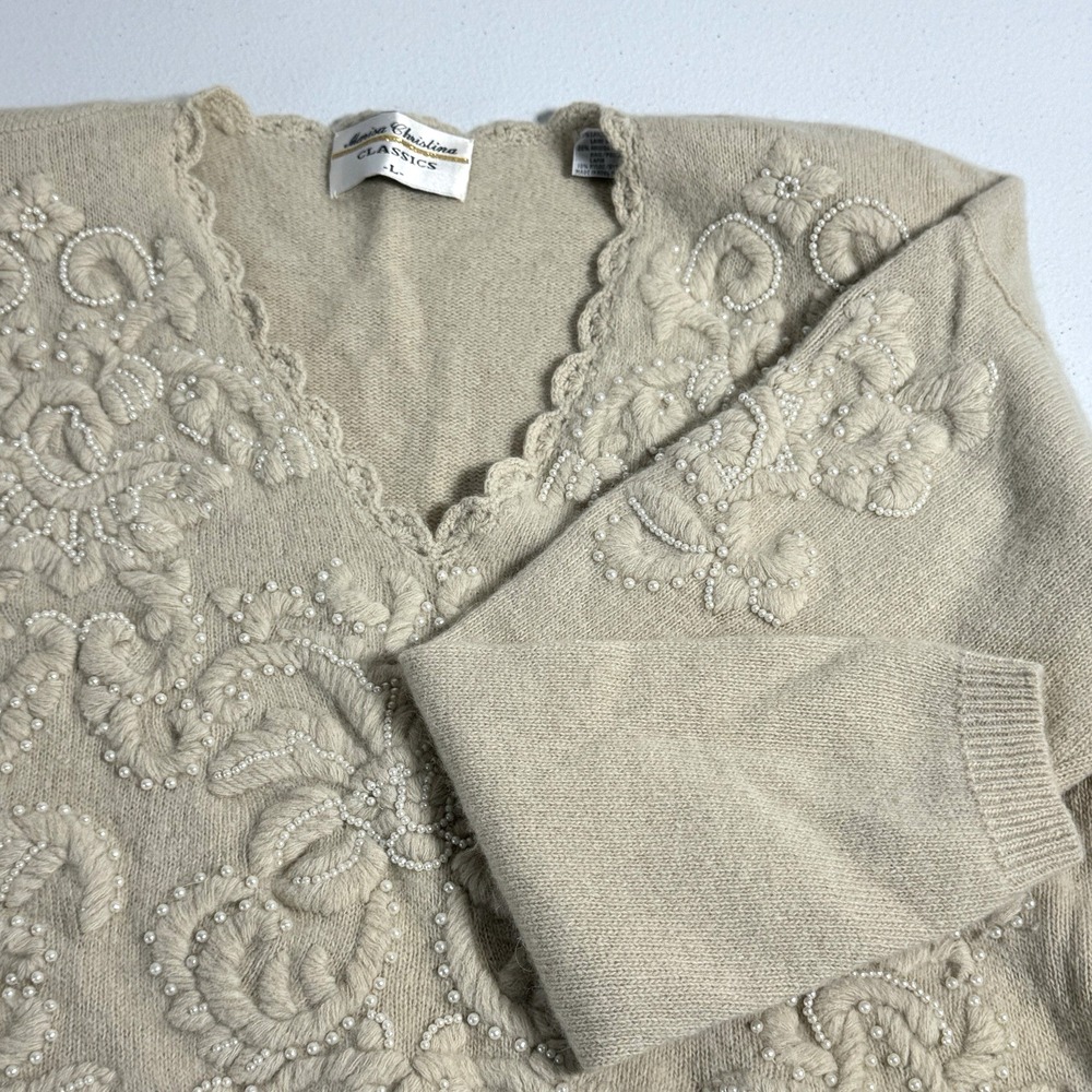 Vintage Marisa Christina Angora Lambswool Floral Embroidered Beaded Sweater L